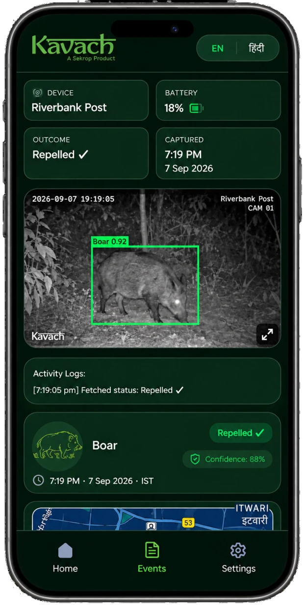 Kavach app — incident detail showing a repelled wild boar with confidence score