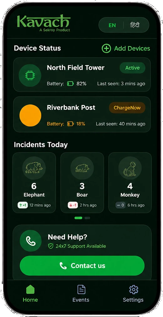 Kavach app — home dashboard with device status and today's incidents
